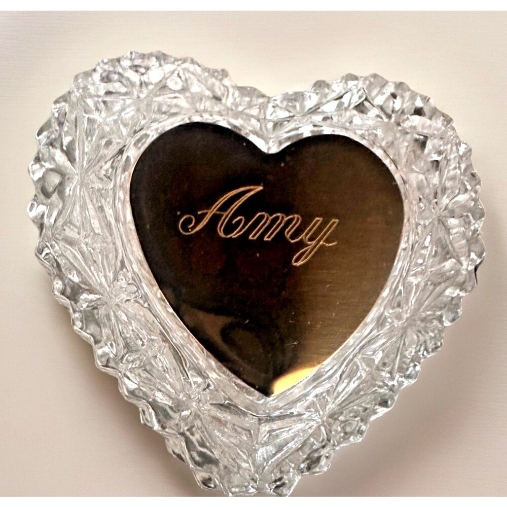 "AMY" Crystal Clear Glass Heart Shaped Trinket Jewelry Box n Lid Engraved